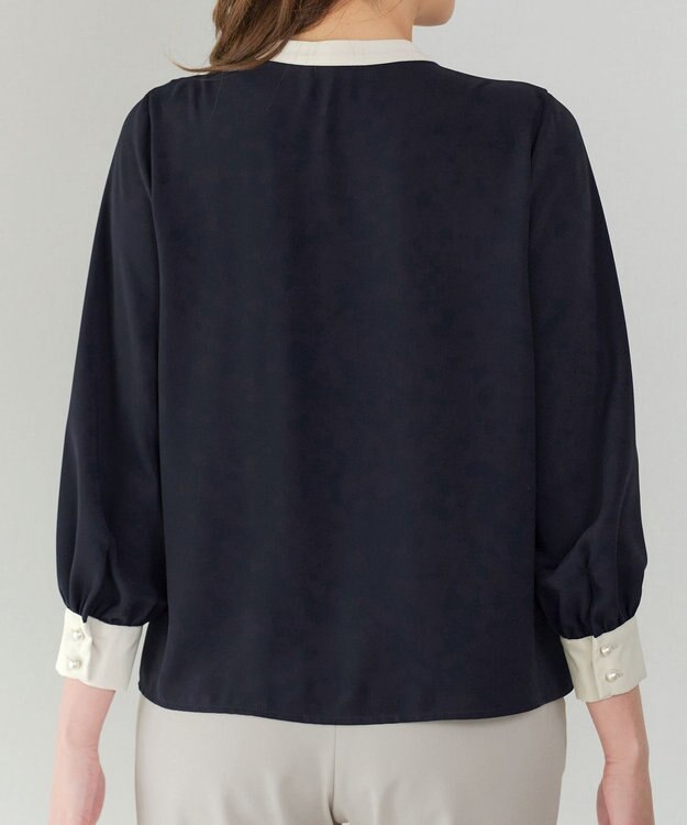 Tiaclasse イージーケア配色スタンドカラーブラウス ネイビー