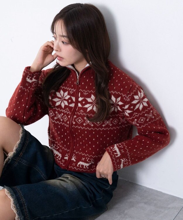 WEGO ユキガラダブルジップカーデ レッド