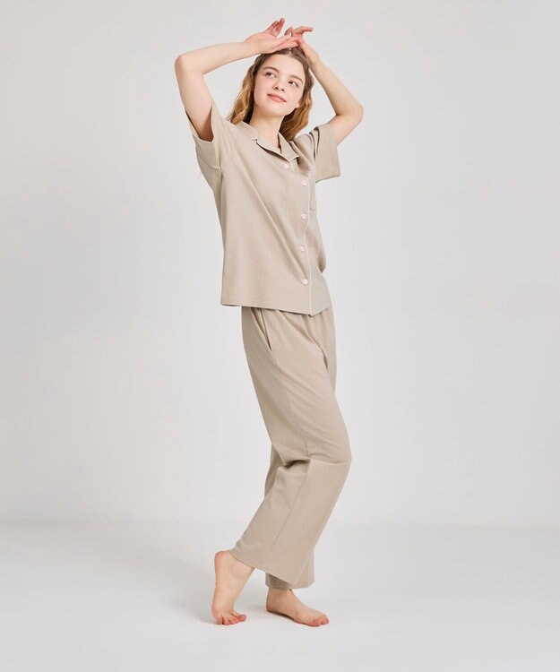 une nana cool 【綿100%】60/2 やわらか天竺 半袖開襟パジャマ MADE WITH LIBERTY FABRIC タン