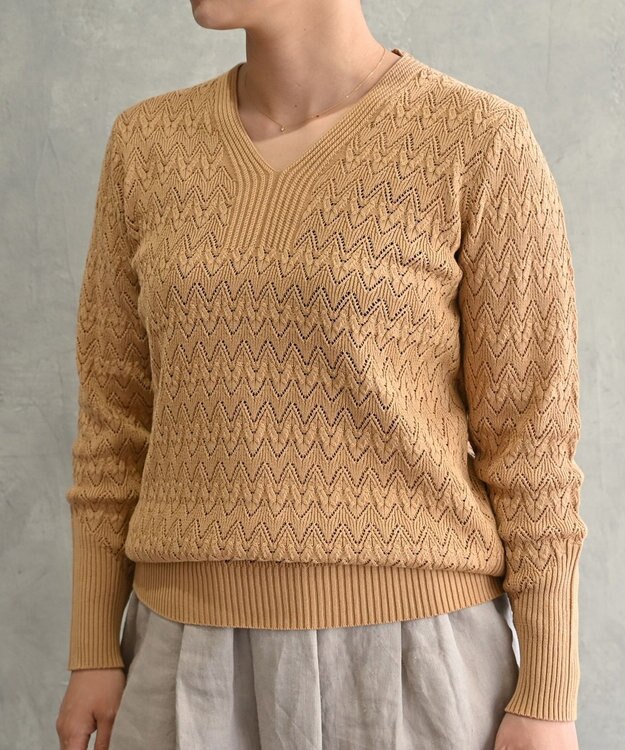 muuc 〈コットン100%強撚糸〉〈通気性が高いドライタッチな素材〉透かし編み 袖口リブ Vネック プルオーバー L.BRN  ライトブラウン