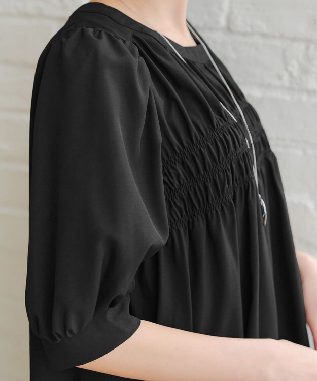 Tiaclasse L 【洗える】シャーリングチュニック ブラック