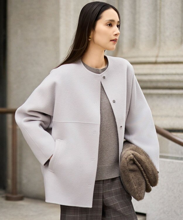 自由区 S 【SHIHOさん着用】ウールリバーノーカラー コート ライトグレージュ