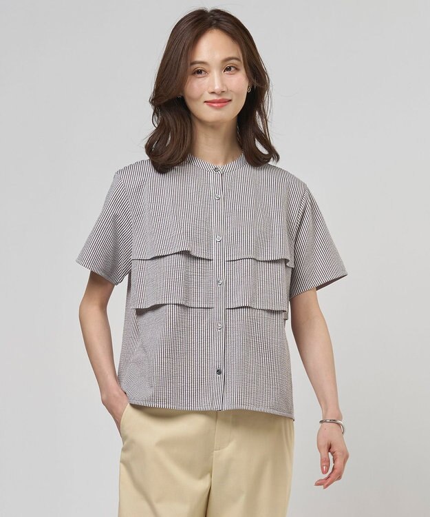 J.PRESS LADIES 【一枚で着映え】サッカージャージー バンドカラー カットソー スレートブラウンストライプ系1