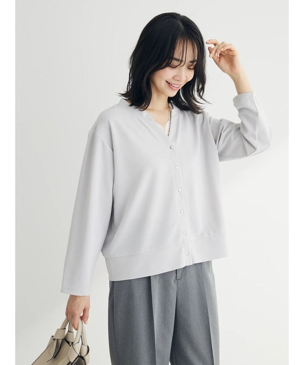 Green Parks カットジョーゼットドットボタンカーディガン Light Gray