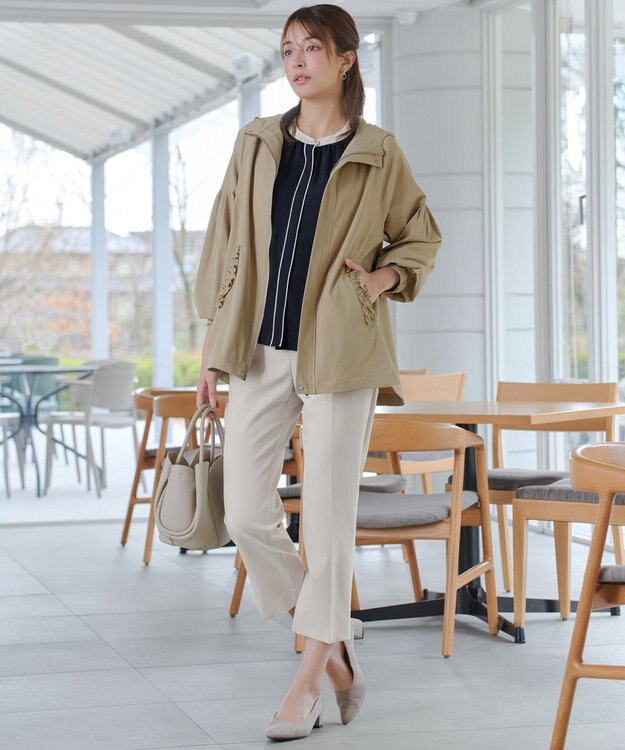 Tiaclasse イージーケア配色スタンドカラーブラウス ネイビー