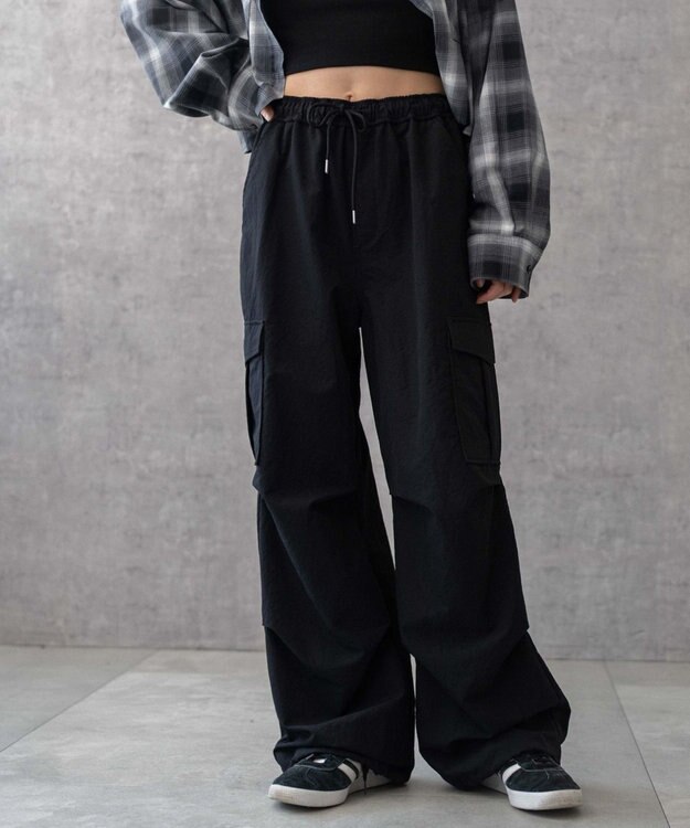 WEGO 【ウエストゴム】イージーパラシュートカーゴパンツ ブラック