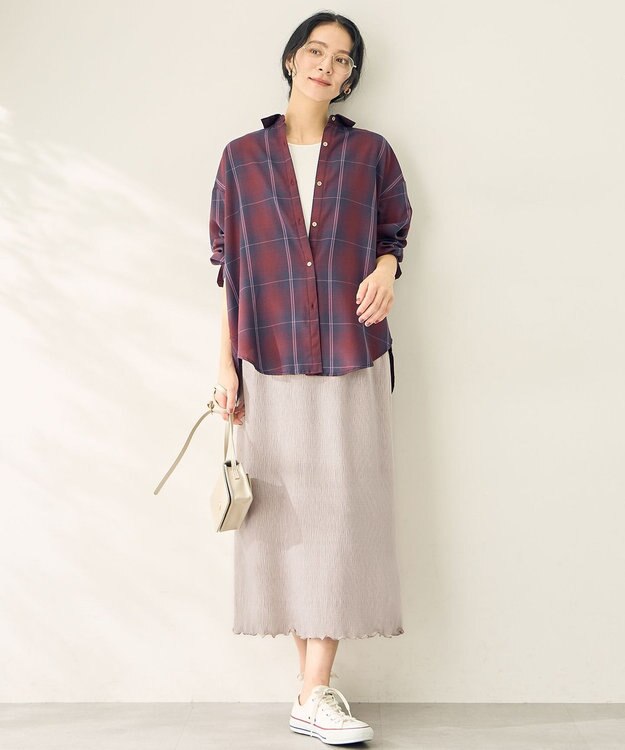 ANY L オンブレーチェックオーバーシャツ バーガンディ系