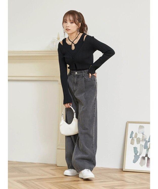 earth music&ecology ＳＥＴ２点ショートカーディガン＋レイヤードタンク Black