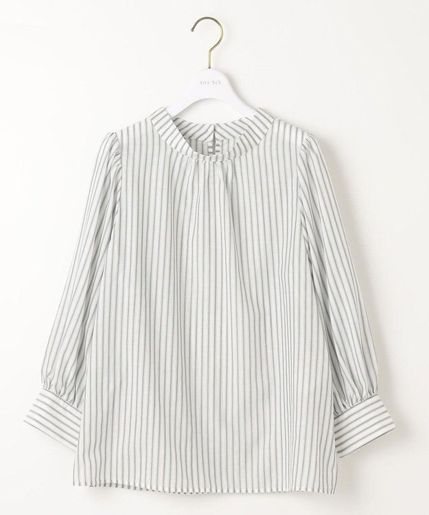 ANY SIS 【洗える】フェイクパールストライプ ブラウス グレーストライプ