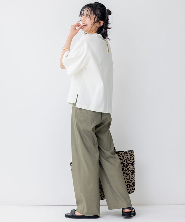 23区 L 【洗える】リネンヴィスコースストレッチ マリンパンツ カーキ系