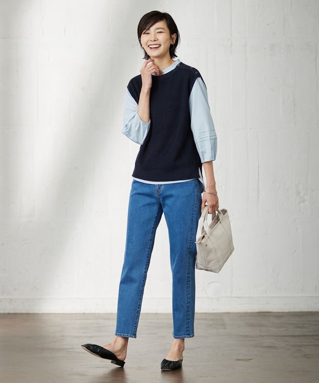 J.PRESS LADIES 【洗える】BASIC STRETCH DENIM ストレート パンツ ダルブルー系