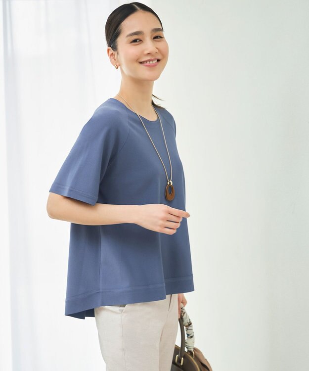 自由区 【接触冷感・UVカット・洗える】クレープストレッチAライン ニット ブルーグレー