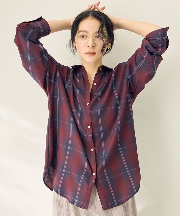 ANY L オンブレーチェックオーバーシャツ バーガンディ系