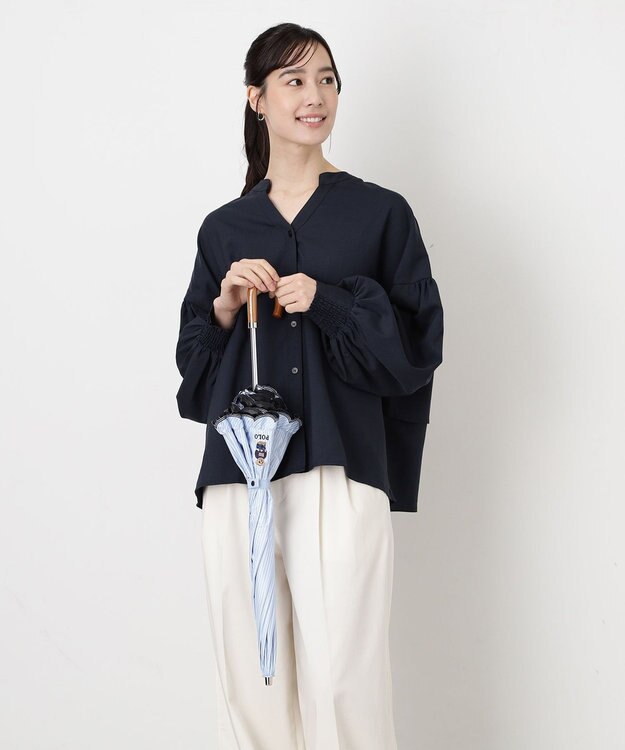 MOONBAT 【WEB限定/遮光率100%/遮熱/UV】POLO RALPH LAUREN（ポロ ラルフローレン）晴雨兼用日傘 ワンポイント ポロベア刺繍 フリル 折りたたみ傘 長折タイプ サックスブルーストライプ