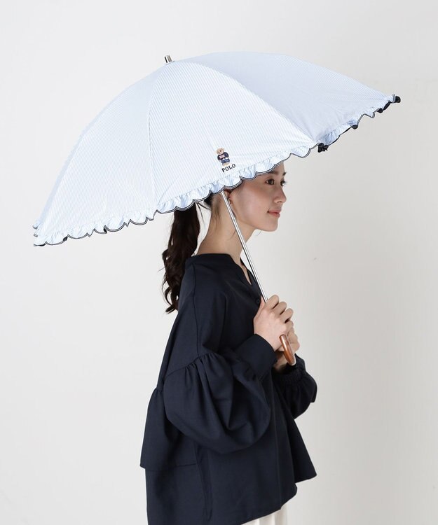MOONBAT 【WEB限定/遮光率100%/遮熱/UV】POLO RALPH LAUREN（ポロ ラルフローレン）晴雨兼用日傘 ワンポイント ポロベア刺繍 フリル 折りたたみ傘 長折タイプ サックスブルーストライプ