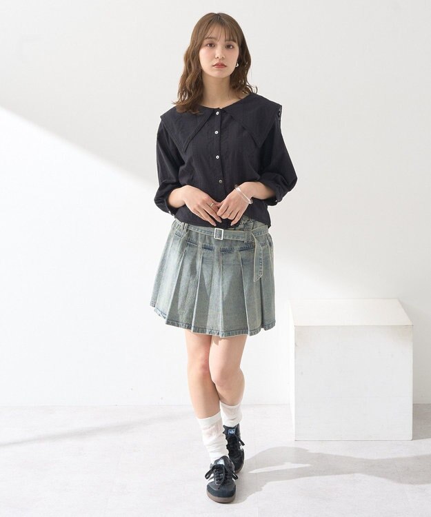 earth music&ecology ビッグカラー刺繍ブラウス Black