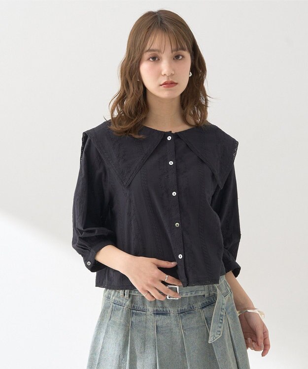 earth music&ecology ビッグカラー刺繍ブラウス Black