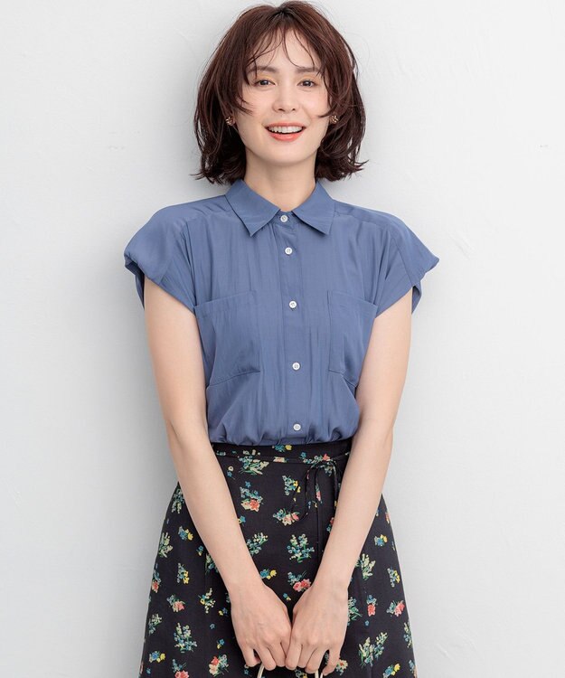 組曲 L ギャザーライトデシン ブラウス ダルブルー系