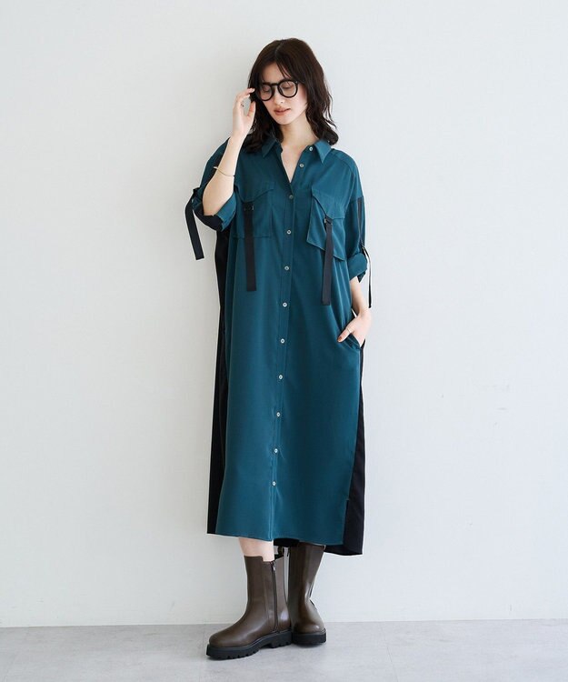 YECCA VECCA ミリタリーロングシャツワンピース Green