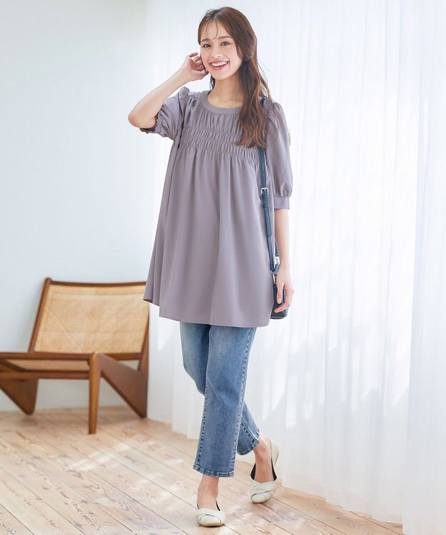 Tiaclasse L 【洗える】シャーリングチュニック ラベンダー