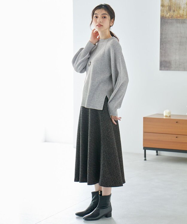 ANY 【ウエストゴム】ループツイードヘリンボーンフレアスカート ブラックベース