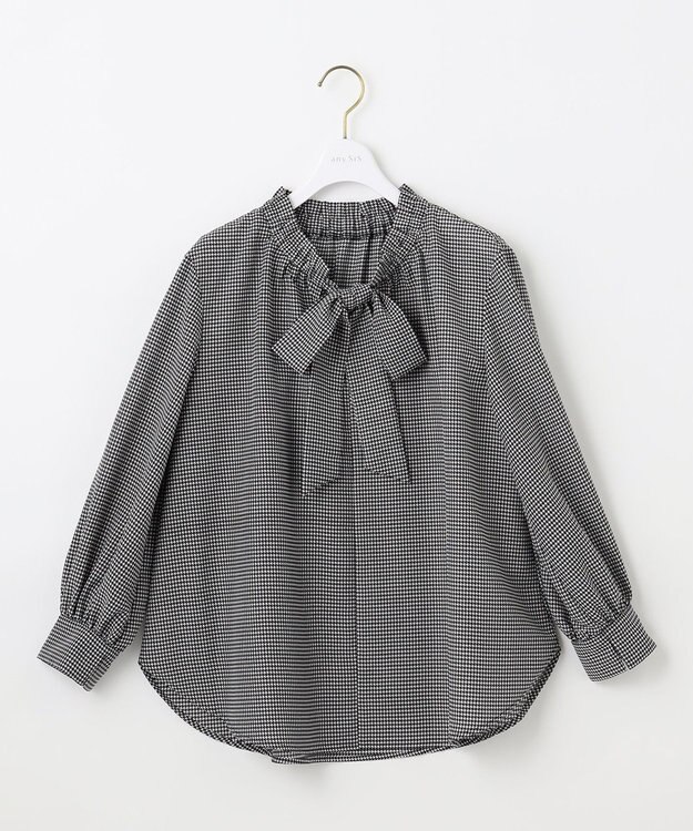 ANY SIS S 【洗える】フリルボウタイ ブラウス ブラック千鳥