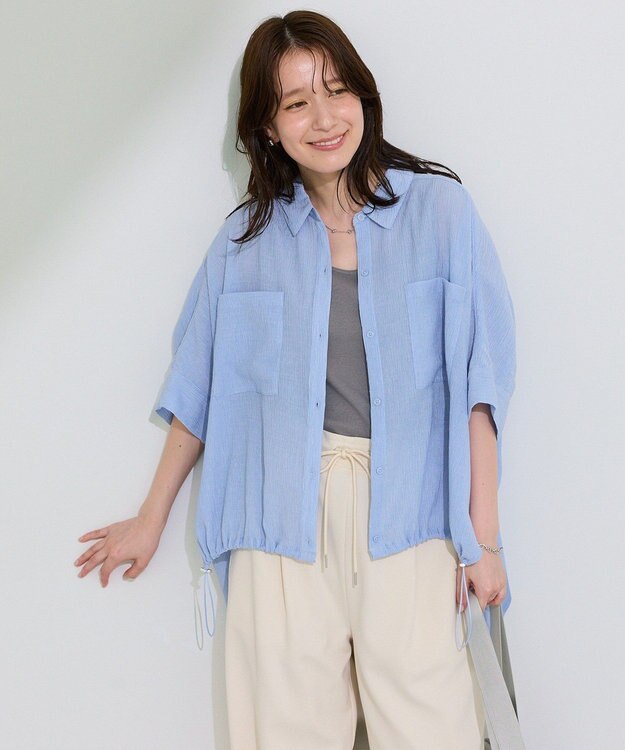 Green Parks 表面感裾ドロスト半袖シャツ Blue