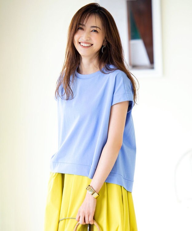 組曲 【汗ジミ防止・撥水】GIZAプレーティング天竺フレンチスリーブ カットソー スカイブルー系