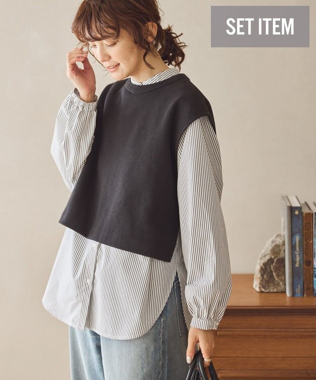 AMERICAN HOLIC ＳＥＴ　イージーケアロングシャツ＋ポンチベスト Stripe