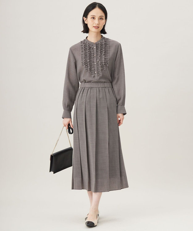 自由区 【セットアップ対応・洗える】ハイツイストビエラフロントフリル ブラウス ブラウン系チェック