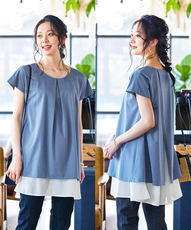 Tiaclasse 【洗える】 異素材を組み合わせたバックシャンカットチュニックブラウス ブルー