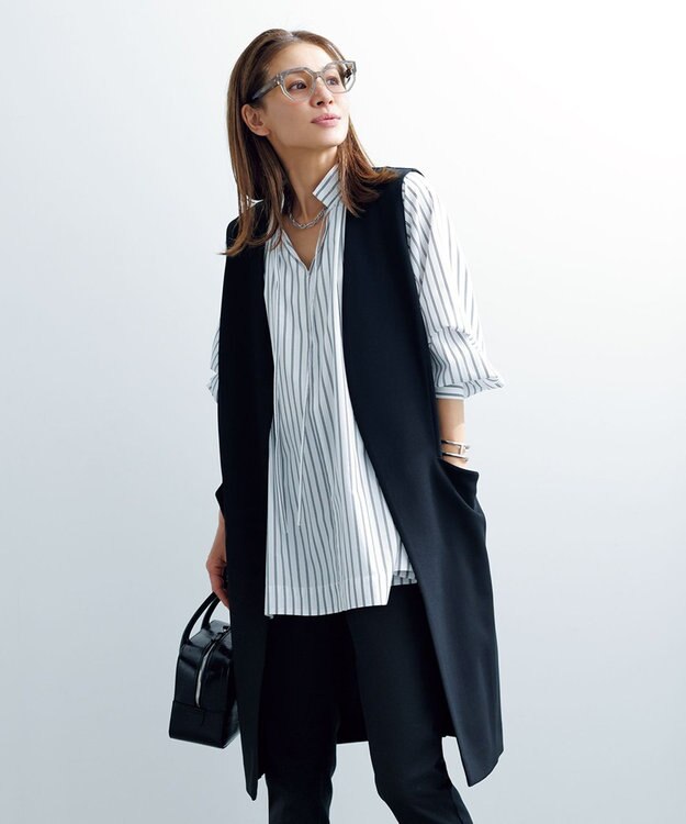 UNFILO イージーケア ギャザーブラウス ブラックストライプ