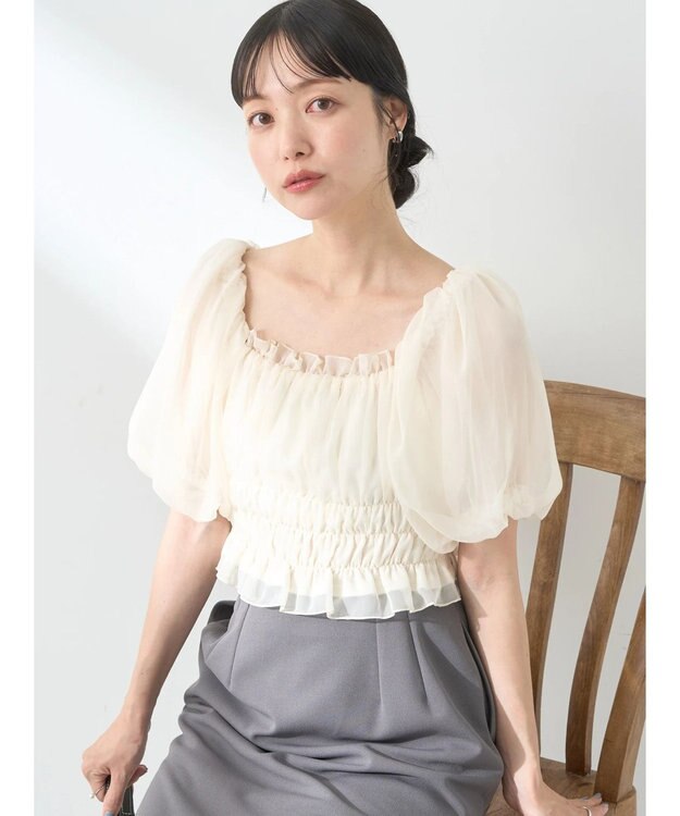 earth music&ecology パフスリーブシャーリングブラウス Ivory