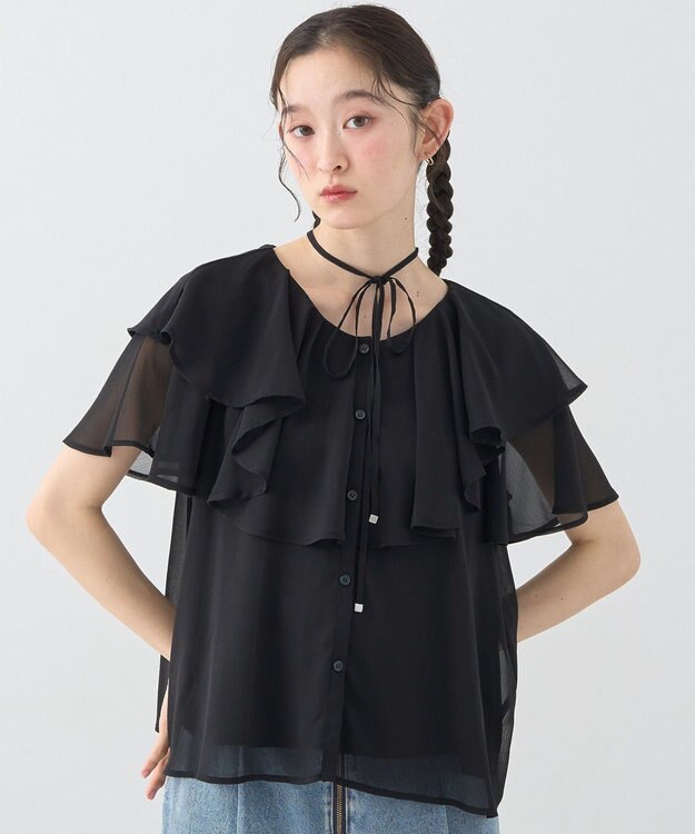 earth music&ecology チョーカー付き楊柳ラッフルブラウス Black