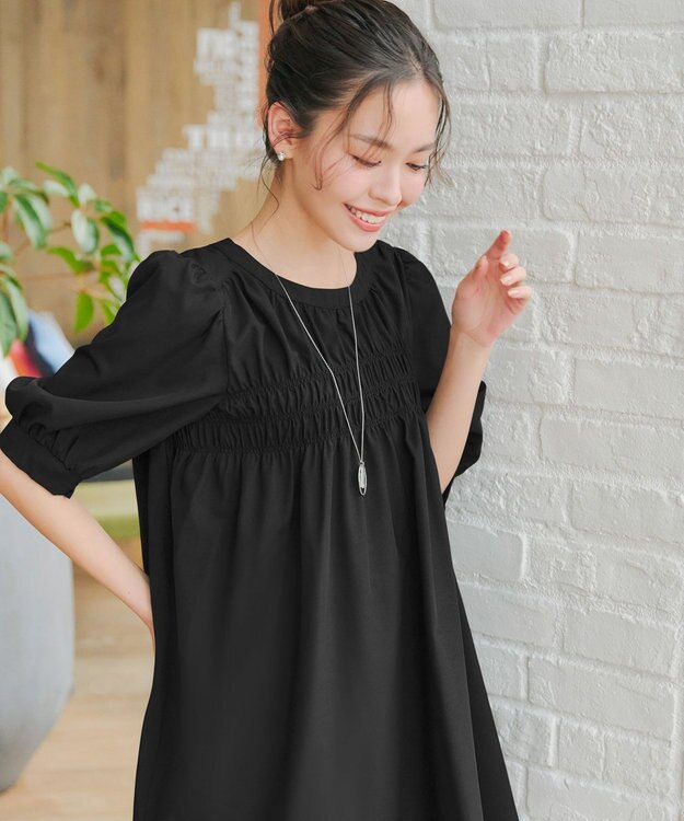 Tiaclasse L 【洗える】シャーリングチュニック ブラック