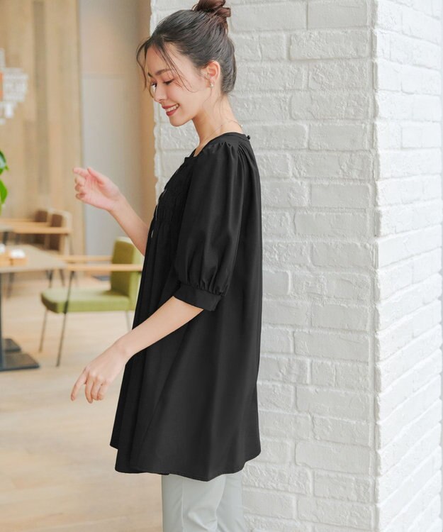 Tiaclasse L 【洗える】シャーリングチュニック ブラック