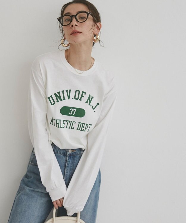 WEGO 【ANGIE VINTAGE】GILDAN カレッジロゴ オーバーサイズ プリント ロンT ホワイト