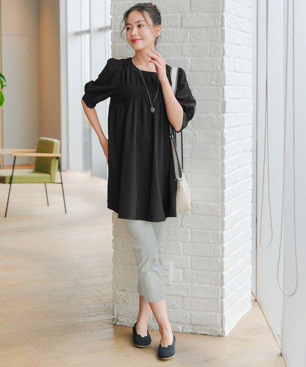 Tiaclasse L 【洗える】シャーリングチュニック ブラック