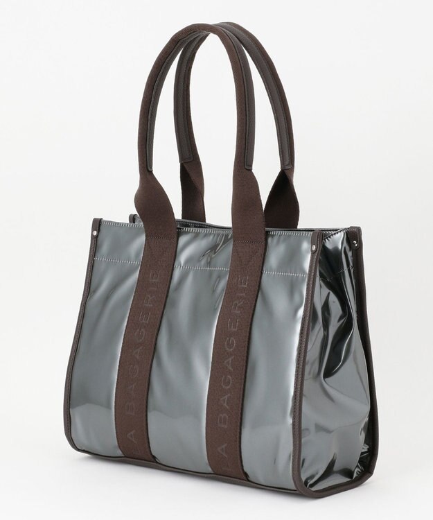 LA BAGAGERIE ソフトエナメル　ロゴテープトートバッグ　Lサイズ ガンメタリック