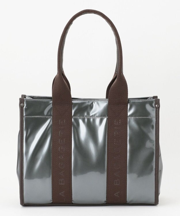 LA BAGAGERIE ソフトエナメル　ロゴテープトートバッグ　Lサイズ ガンメタリック