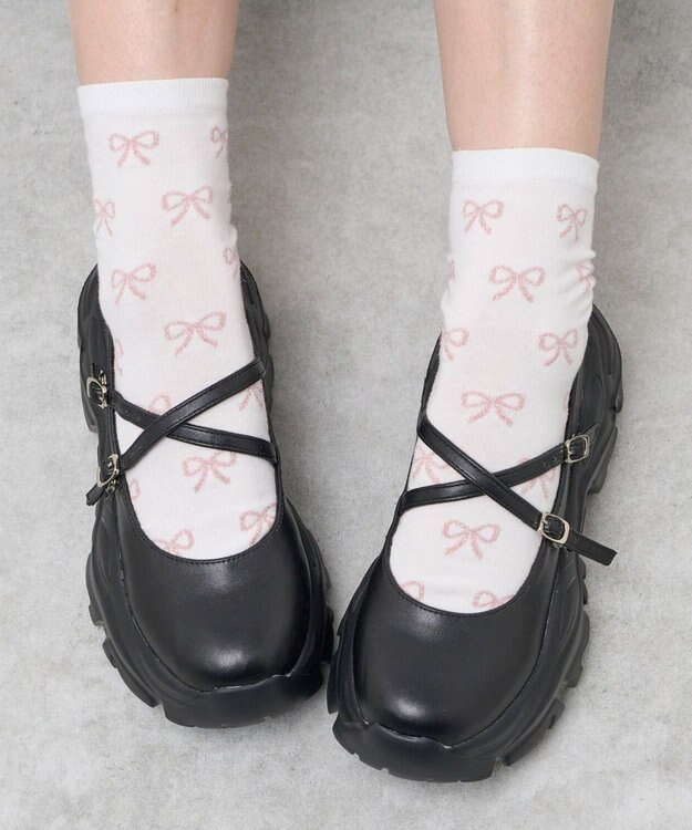 WEGO 総柄リボンクルーソックス ホワイト