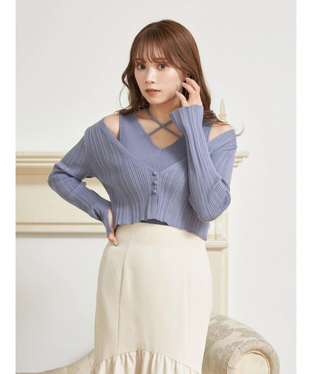 earth music&ecology ＳＥＴ２点ショートカーディガン＋レイヤードタンク Blue