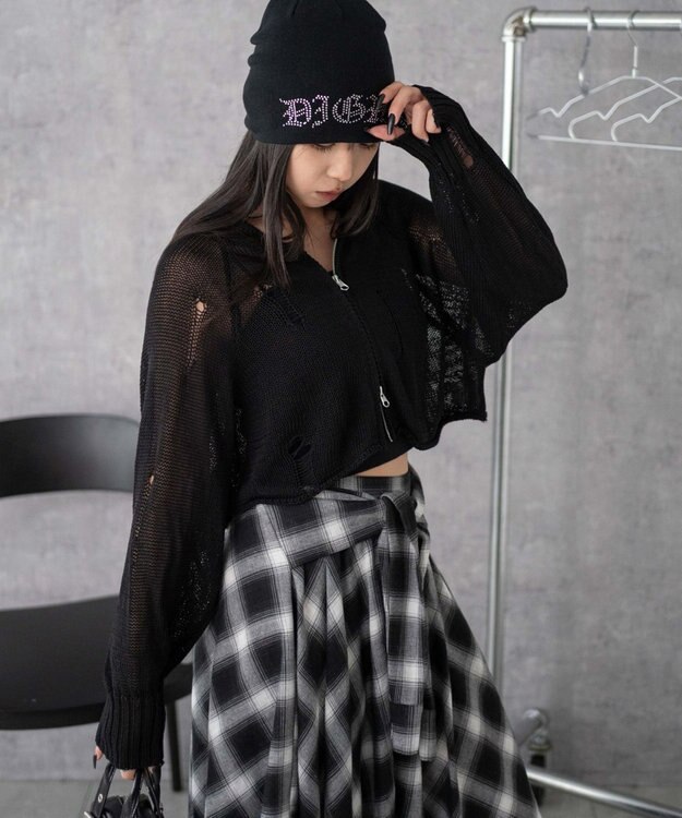 WEGO ダメージメッシュショートパーカー ブラック