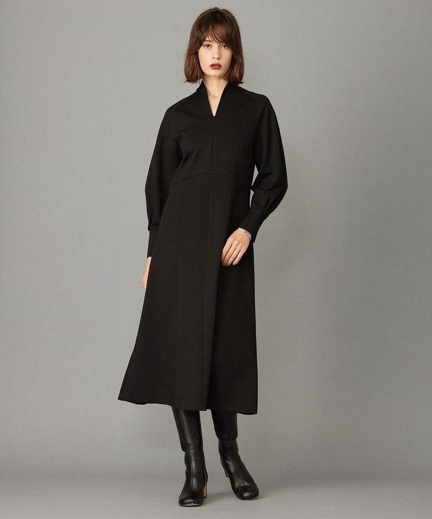 ICB 【洗える】 レーヨンストレッチポンチ フレアワンピース ブラック系