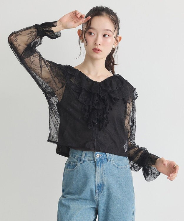 earth music&ecology ＳＥＴ２点ラッフルレースブラウス＋キャミソール Black