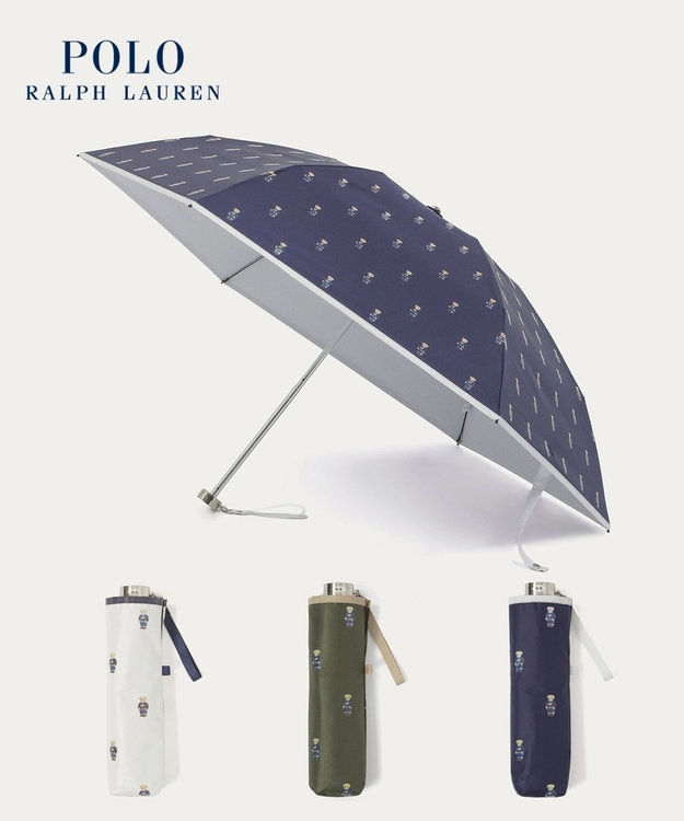 MOONBAT 【 遮光率100％/遮熱/UV/軽量】POLO RALPH LAUREN（ポロ ラルフローレン）晴雨兼用日傘   PORO BEAR ポロベア 裏カラー 折りたたみ傘 ネイビー＆ベアＰｔ×オフ
