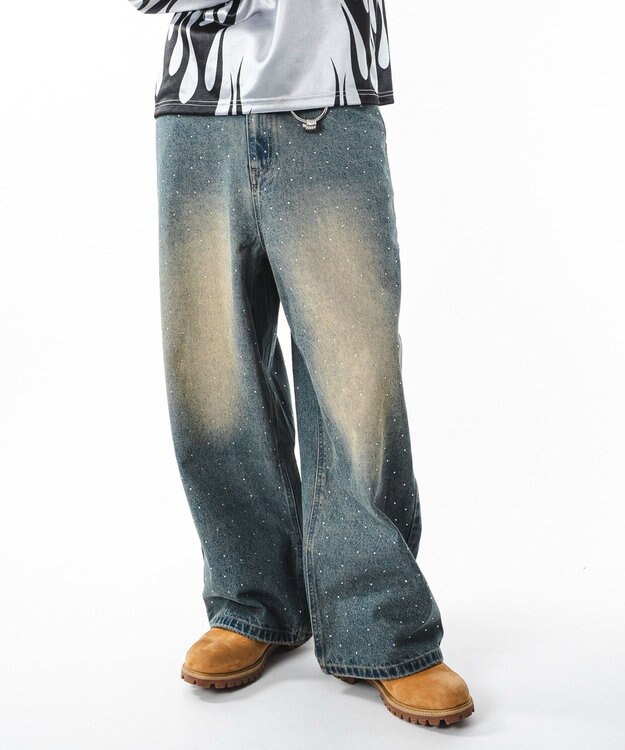 WEGO 【ユニセックス着用ITEM】スーパーバギーラインストーンデニムパンツ デニム中濃加工色