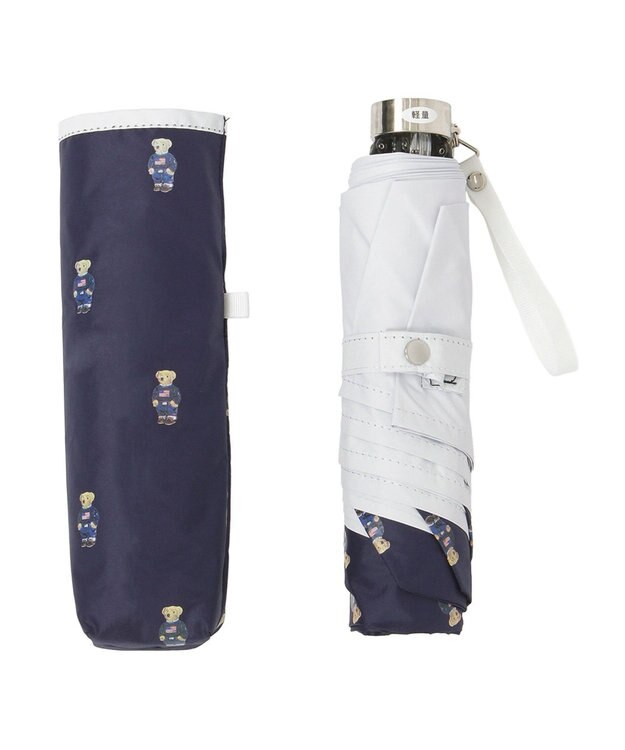 MOONBAT 【 遮光率100％/遮熱/UV/軽量】POLO RALPH LAUREN（ポロ ラルフローレン）晴雨兼用日傘   PORO BEAR ポロベア 裏カラー 折りたたみ傘 ネイビー＆ベアＰｔ×オフ