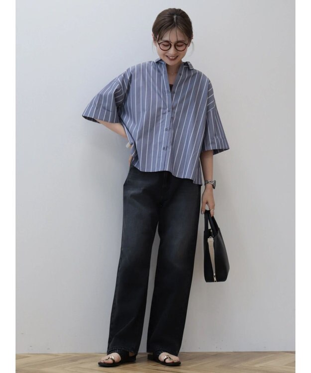 AMERICAN HOLIC イージーケア５分袖バックタックシャツ Stripe Navy