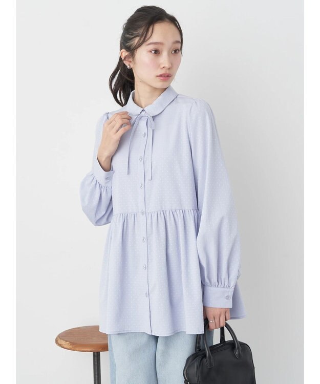 earth music&ecology リボン付き切り替えギャザーシャツチュニック Light Blue